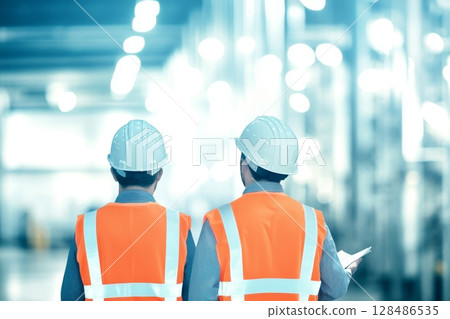Two workers talking in metal fabrication plant. Engineers observing the various operations in a factory. Professionals assess a modern industrial work environment. Productivity Improvement of Industry Two workers talking in metal fabrication plant. Engineers observing the various operations in a factory. Professionals assess a modern industrial work environment. Productivity Improvement of Industry 128486535