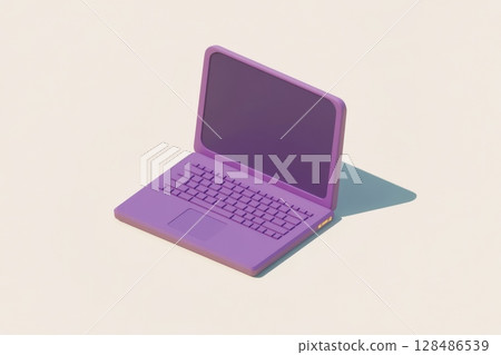 Vibrant Purple Laptop Set Against a Neutral Background. Minimalistic Techno Backdrop. Minimal Office Surrealism Concept. Open Colored Laptop Computer on a Beige Color. Electronics, Modern Technology 128486539