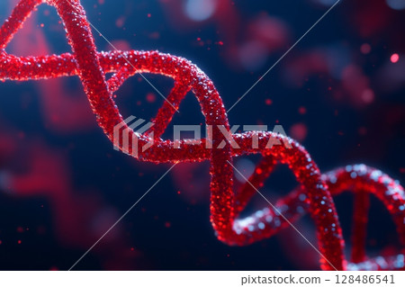 Vibrant red DNA helix set against a dark blue background. Visual of DNA double helix structure. DNA Strands. Genetic exploration, genome sequencing, change, biological kinship and genetic legacy 128486541