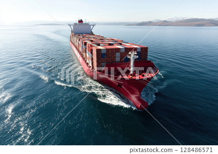 Large cargo ship navigating through calm waters, transporting containers 128486571