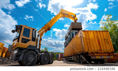 Heavy crane lifting container at shipping yard under blue sky 128486586