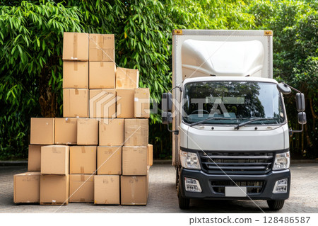 Delivery truck with stacked cardboard boxes in green environment 128486587