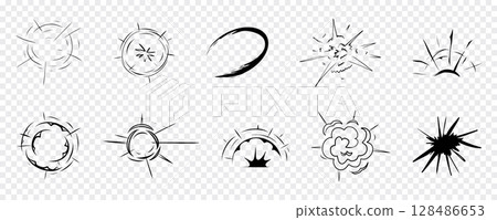 Explosion effect comic manga line sketch. Motion anime explode, radial action burst. Round explosions cloud silhouette on transparent background. Explosion effect comic manga line sketch. Motion anime explode, radial action burst. Round explosions cloud silhouette on transparent background. 128486653