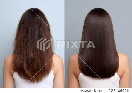 Hair transformation before and after on neutral setting. Modern design for beauty or hair treatment themes, perfect for shiny or restored ideas. Ideal for salon or glowing visuals. 128486666
