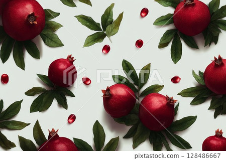 Pomegranate cluster with leaves on white backdrop. Lush design for culinary or holiday themes, great for vibrant or rustic ideas. Perfect for kitchen or festive visuals. 128486667