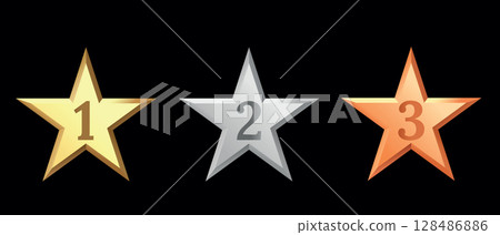 Golden, bronze, silver glossy metallic stars 3d realistic style. 1, 2, 3 place symbols. 128486886