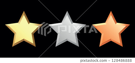 Golden, bronze, silver glossy metallic stars 3d realistic style. 1, 2, 3 place symbols. Golden, bronze, silver glossy metallic stars 3d realistic style. 1, 2, 3 place symbols. 128486888