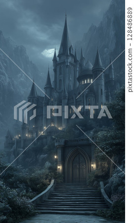 castle in gothic style dark tones of the night 128486889