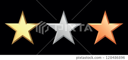 Golden, bronze, silver glossy metallic stars 3d realistic style. 1, 2, 3 place symbols. Golden, bronze, silver glossy metallic stars 3d realistic style. 1, 2, 3 place symbols. 128486896