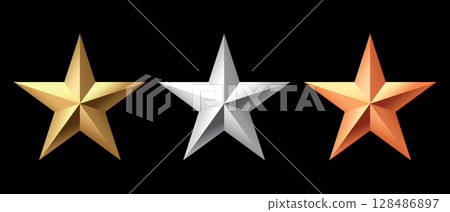 Golden, bronze, silver glossy metallic stars 3d realistic style. 1, 2, 3 place symbols. Golden, bronze, silver glossy metallic stars 3d realistic style. 1, 2, 3 place symbols. 128486897