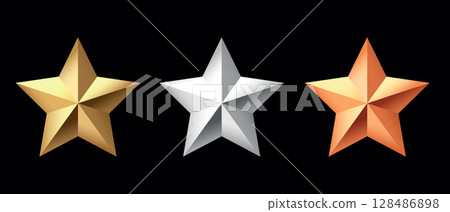 Golden, bronze, silver glossy metallic stars 3d realistic style. 1, 2, 3 place symbols. Golden, bronze, silver glossy metallic stars 3d realistic style. 1, 2, 3 place symbols. 128486898