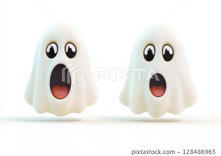 Colorful Cute Ghost Featuring Happy and Cheerful Faces Expression. Bright Playful Ghosts are Perfect for Creating Fun and Whimsical Design Concepts. Smiling Friendly Halloween Characters. 3d cartoon. 128486965