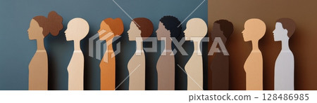 Diverse Human Wooden Silhouettes Variety. Inclusivity, Unity, Acceptance of All. Diversity and inclusion. People Figurines Standing in a Row. Unity, representation within society. Close to each other 128486985
