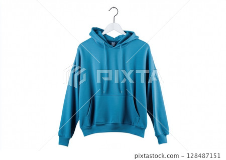 Blank blue hoodie sweatshirt long sleeve hanging on simple hook against a white wall. Light blue Hoody with hood. Design, print mockup. Template sport clothes. Front view. Gender neutral. Brand, logo 128487151