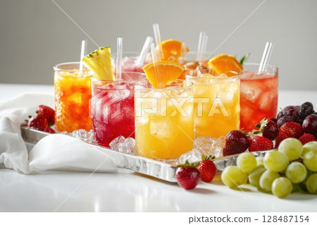 Assortment of cold-pressed juices in wooden crate. glasses of juices next to wooden crate with fresh fruit ingredients on light table. Fresh various smoothie vegetable and fruit juices drinking glass 128487154
