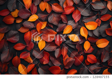 Autumn Background With Colored red leaves. Fall backdrop border made with red leaves. Wide banner template with copy space for text. Top view. Autumn composition. Thanksgiving day flat lay. Full frame Autumn Background With Colored red leaves. Fall backdrop border made with red leaves. Wide banner template with copy space for text. Top view. Autumn composition. Thanksgiving day flat lay. Full frame 128487155