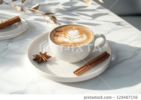 A cup of spicy cappuccino or spice latte with art foam, cinnamon stick and anise stars. Warm Coffee with Festive Lights. Cozy fall drink on a white table. Inviting atmosphere. Mug of warming drink A cup of spicy cappuccino or spice latte with art foam, cinnamon stick and anise stars. Warm Coffee with Festive Lights. Cozy fall drink on a white table. Inviting atmosphere. Mug of warming drink 128487156