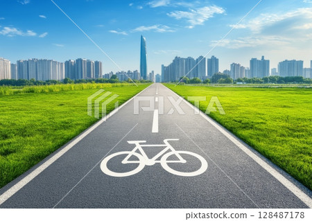 Asphalt bike path in the city park. Bike lane. No people. Bicycle way. Cycling and outdoor adventures concept. Urban lifestyle. Summer hobby. Banner, card, poster with text space 128487178