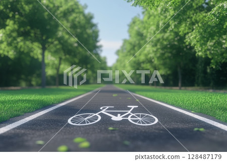 Asphalt bike path in the city park. Bike lane. No people. Bicycle way. Cycling and outdoor adventures concept. Urban lifestyle. Summer hobby. Banner, card, poster with text space 128487179