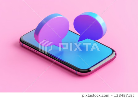 Chat Bubbles Set Above a Mobile Phone Against a Vibrant Pink Background. Mobile Communication Concept. Smartphone with Colorful Chat Bubbles digital interaction and connectivity. Social network 128487185