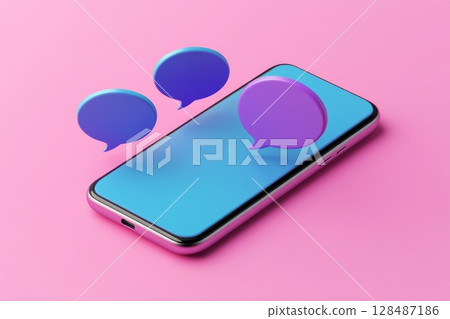 Chat Bubbles Set Above a Mobile Phone Against a Vibrant Pink Background. Mobile Communication Concept. Smartphone with Colorful Chat Bubbles digital interaction and connectivity. Social network Chat Bubbles Set Above a Mobile Phone Against a Vibrant Pink Background. Mobile Communication Concept. Smartphone with Colorful Chat Bubbles digital interaction and connectivity. Social network 128487186