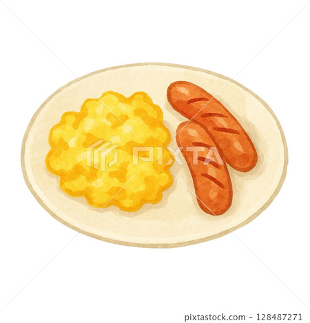 [早餐]炒蛋和香腸插畫 128487271