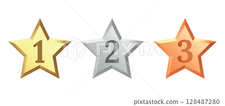 Golden, bronze, silver glossy metallic stars 3d realistic style. 1, 2, 3 place symbols. Golden, bronze, silver glossy metallic stars 3d realistic style. 1, 2, 3 place symbols. 128487280