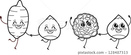 Funny Panellet, Sweet Potato And Chestnuts Friends Walking Together Cartoon Vector Illustration 128487313