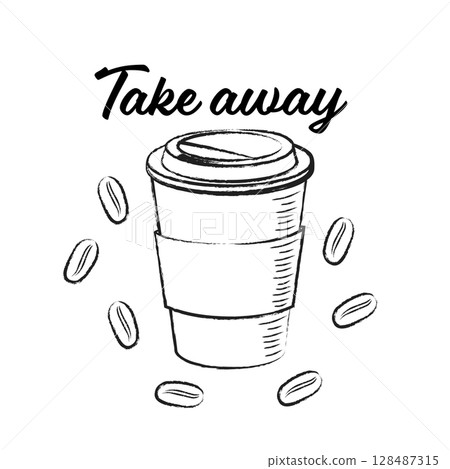 Chalk Sketch illustration Take Away Coffee Cup 128487315