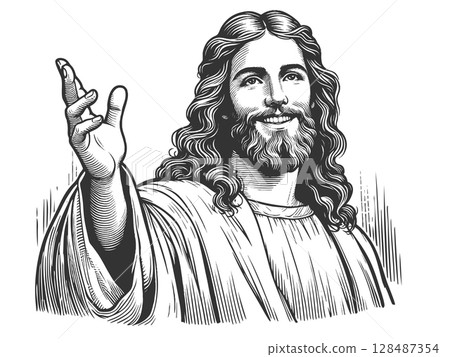 Smiling Jesus Christ engraving sketch vector Smiling Jesus Christ engraving sketch vector 128487354