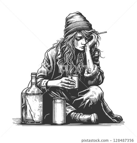 Homeless Woman with Alcohol and Cigarette vector Homeless Woman with Alcohol and Cigarette vector 128487356