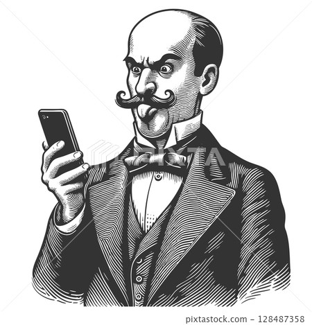 Victorian Gentleman Shocked by Smartphone vector Victorian Gentleman Shocked by Smartphone vector 128487358