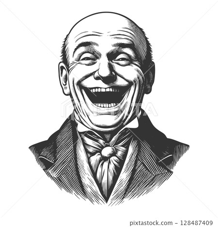 Bald Man Laughing Loudly in Vintage Style vector 128487409