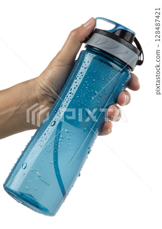 Hand holding blue sport water bottle with condensation droplets, hydration concept isolated on transparent backdrop 128487421