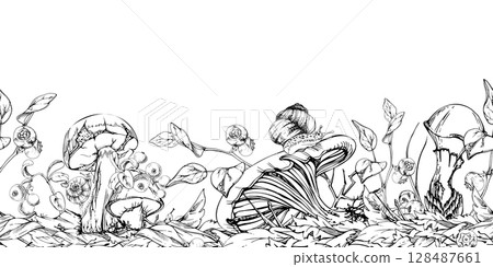 Russula webcap bolete slippery jack mushroom, snail on cap, cranberry blackberry on fallen autumn leaves pile, berries twigs. Forest floor. Fungi seamless banner header hand drawn in vector ink. 128487661