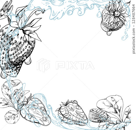 Strawberry berries leaves flying in water splash dew drops, ripe garden pineberry strasberry hand drawn in vector ink. Isolated square border corner frame. Farmers market menu, food drink packaging 128487664