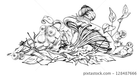 Russula webcap cortinarius mushroom, crawling snail on cap, cranberry blackberry on top of fallen autumn leaves pile, berries twigs. Forest floor. Fungi natural illustration hand drawn in vector ink. 128487666