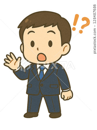 一位男商人驚訝地舉起手 一位男商人驚訝地舉起手 128487686