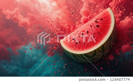 Slice of Watermelon in Explosive Red and Teal Horizontal 128487774