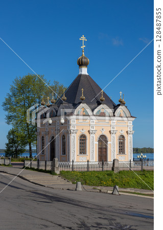 Orthodox chapel of Kazan Icon of the Mother of God on Volga embankment, Rybinsk, Russia 128487855