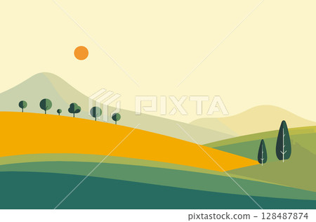 Minimalist Landscape with Hills and Trees 128487874