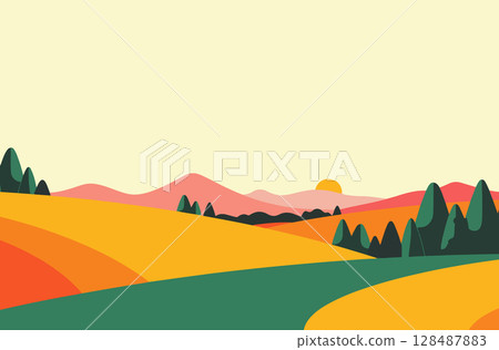 Minimalist Landscape with Hills and Trees 128487883