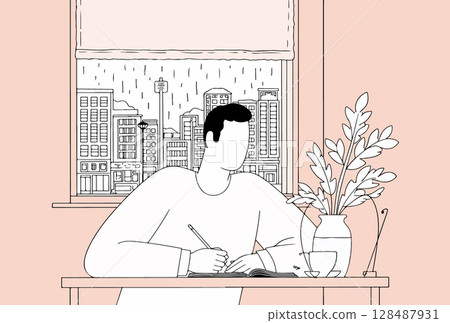 Man Writing at Desk on Rainy Day 128487931