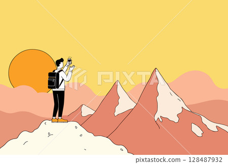Hiker Celebrating Mountain Summit with Coffee 128487932