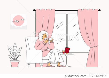 Woman Relaxing with Coffee at Home 128487933