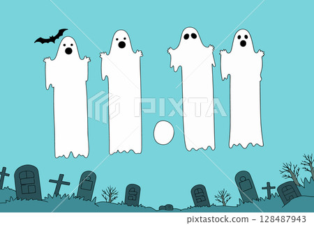 Spooky Halloween Ghosts in Graveyard 128487943