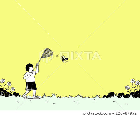 Boy Catching a Bug with a Net 128487952