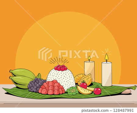 Filipino Fruit Offering with Candles 128487991