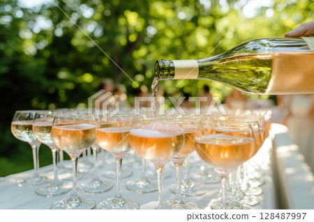 Party and holiday celebration concept. Many glasses of champagne on the table in the restaurant. Waiter pouring white sparkling wine from bottle to glass. Drinks Serving. Weekend festival, wedding 128487997