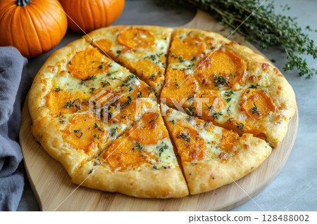 Pumpkin Pizza. Cheesy autumn veggie flatbread. Pumpkin, herbs, mozzarella cheese pizza on a gray background, top view. Vegan Pie. Homemade savory pie with pumpkin. Fall season vegetables focaccia 128488002